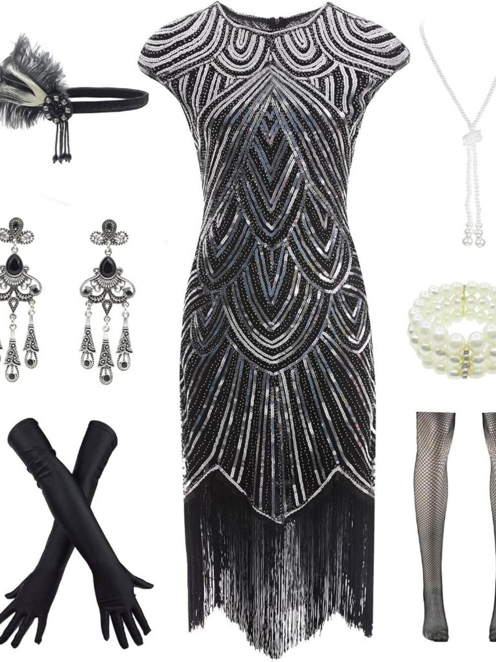 Womens Vintage Lace Fringed Gatsby 1920s Cocktail Dress with 20s Accessories Set